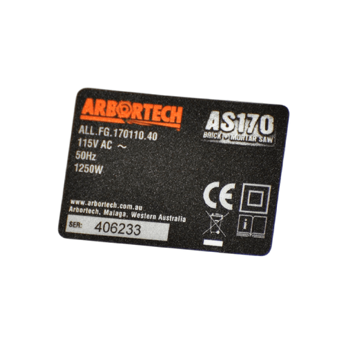 Arbortech Allsaw AS170 Electrical Specification Label with S/N (110 V)