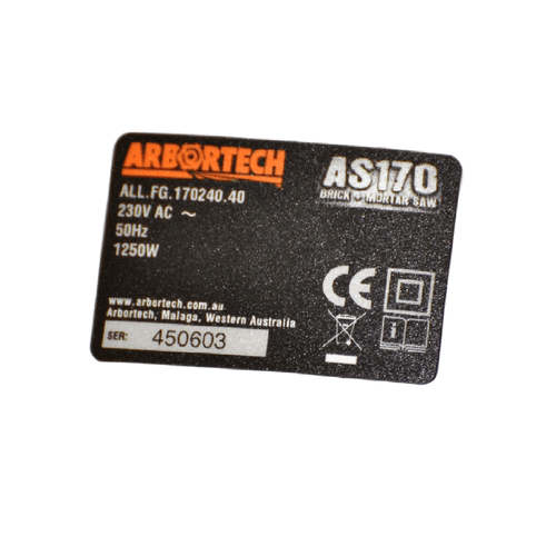 Arbortech Allsaw AS170 Electrical Specification Label with S/N (240 V)